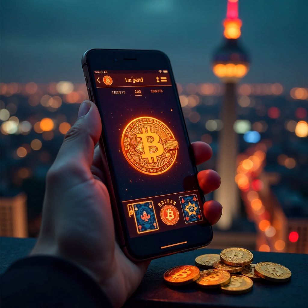 A hand holding a luxury smartphone displaying a high-tech Bitcoin poker app interface with glowing orange and gold accents, background is the Berlin skyline with the TV Tower (Fernsehturm) at night, 3D golden Bitcoin coins and a Royal Flush of playing car